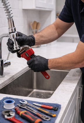 Plumber repairing a kitchen faucet during faucet and fixture repair service