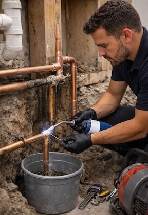 Plumber repairing copper piping during pipe repair and replacement service