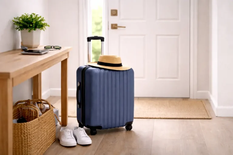 Suitcase by the front door with travel essentials, representing preparing a home before leaving for vacation