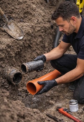 Plumber repairing a damaged sewer line in an excavation trench