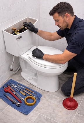 Plumber performing emergency repairs during toilet repair service