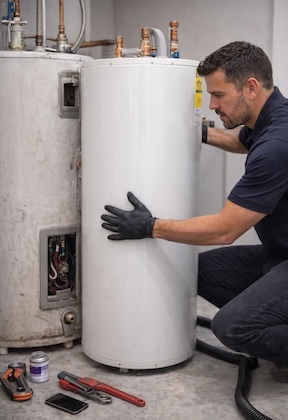 Plumber installing new water heater next to old unit during replacement service