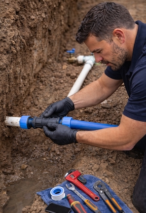 Plumber repairing an underground water line connection during water line repair service