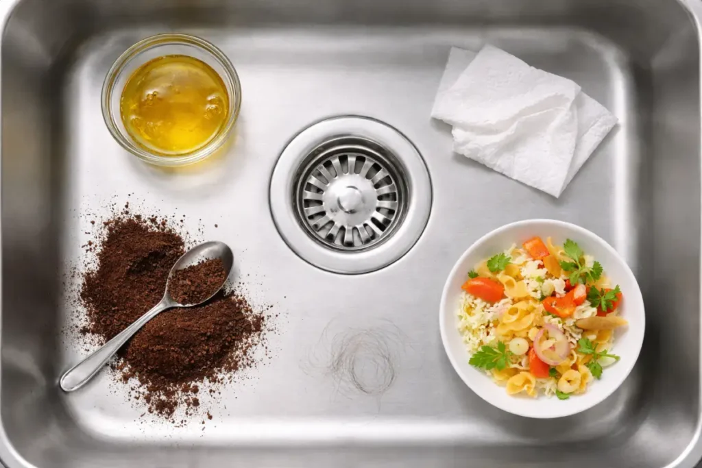Kitchen sink with common clog-causing items like grease, coffee grounds, food scraps, and paper towels placed nearby