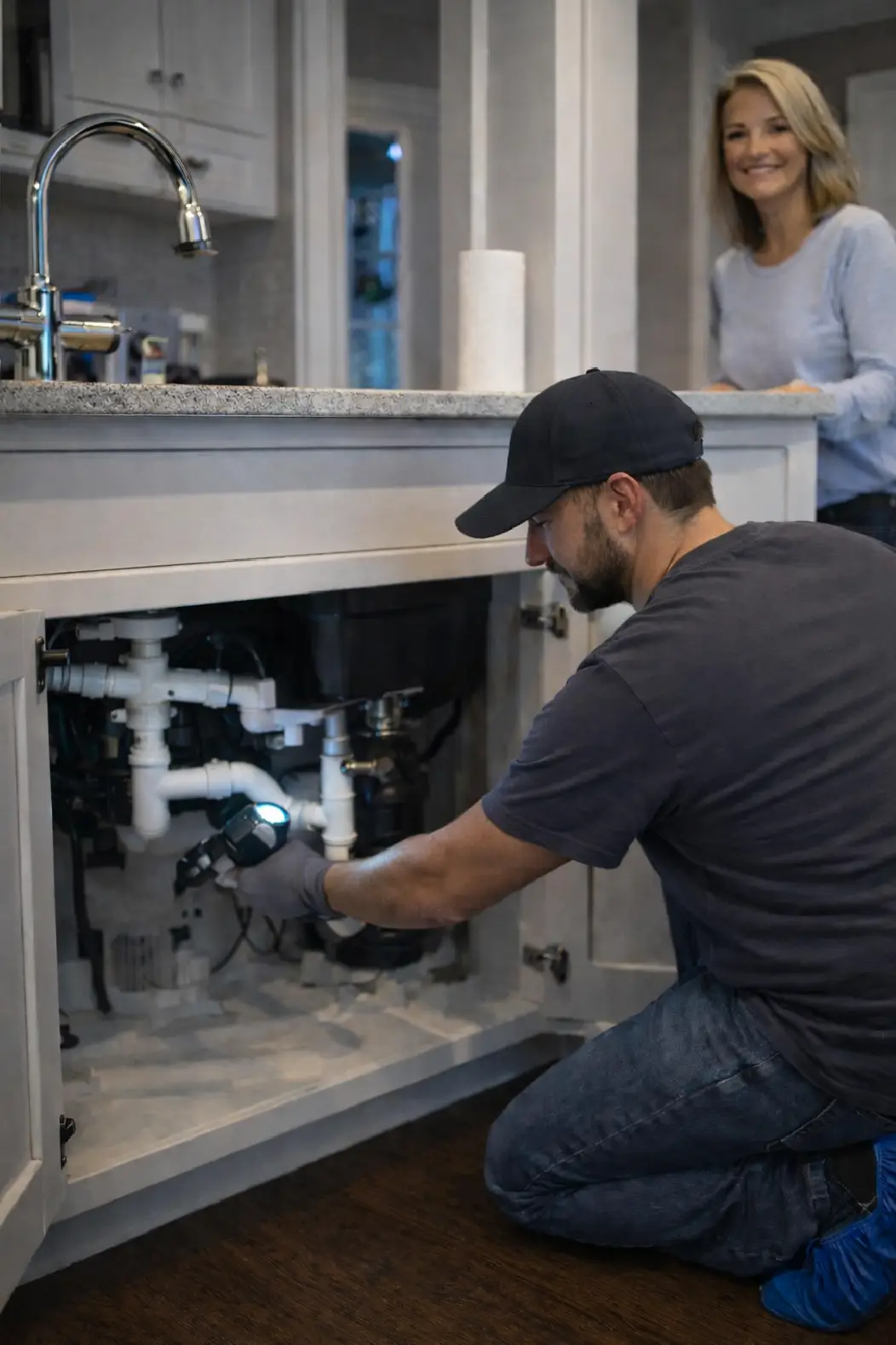 Plumber repairing an exposed water line during emergency plumbing service