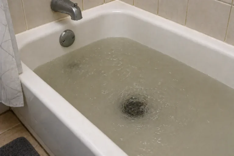 Water backing up in a bathtub with bubbles forming around the drain