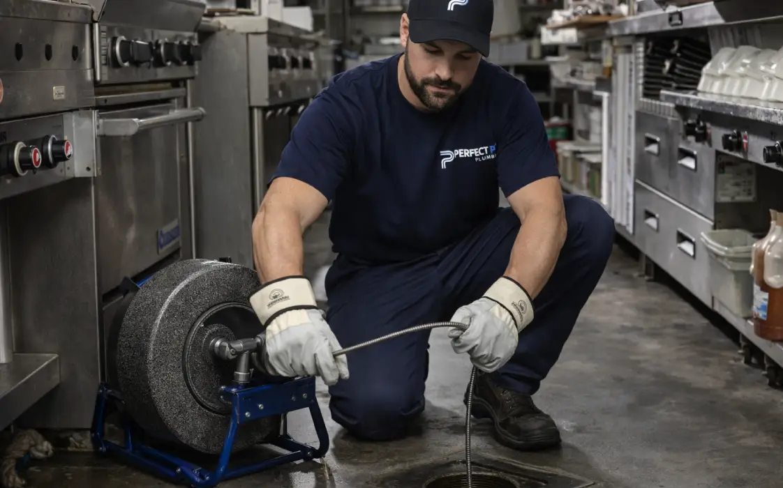Commercial plumber clearing a drain in a commercial kitchen environment