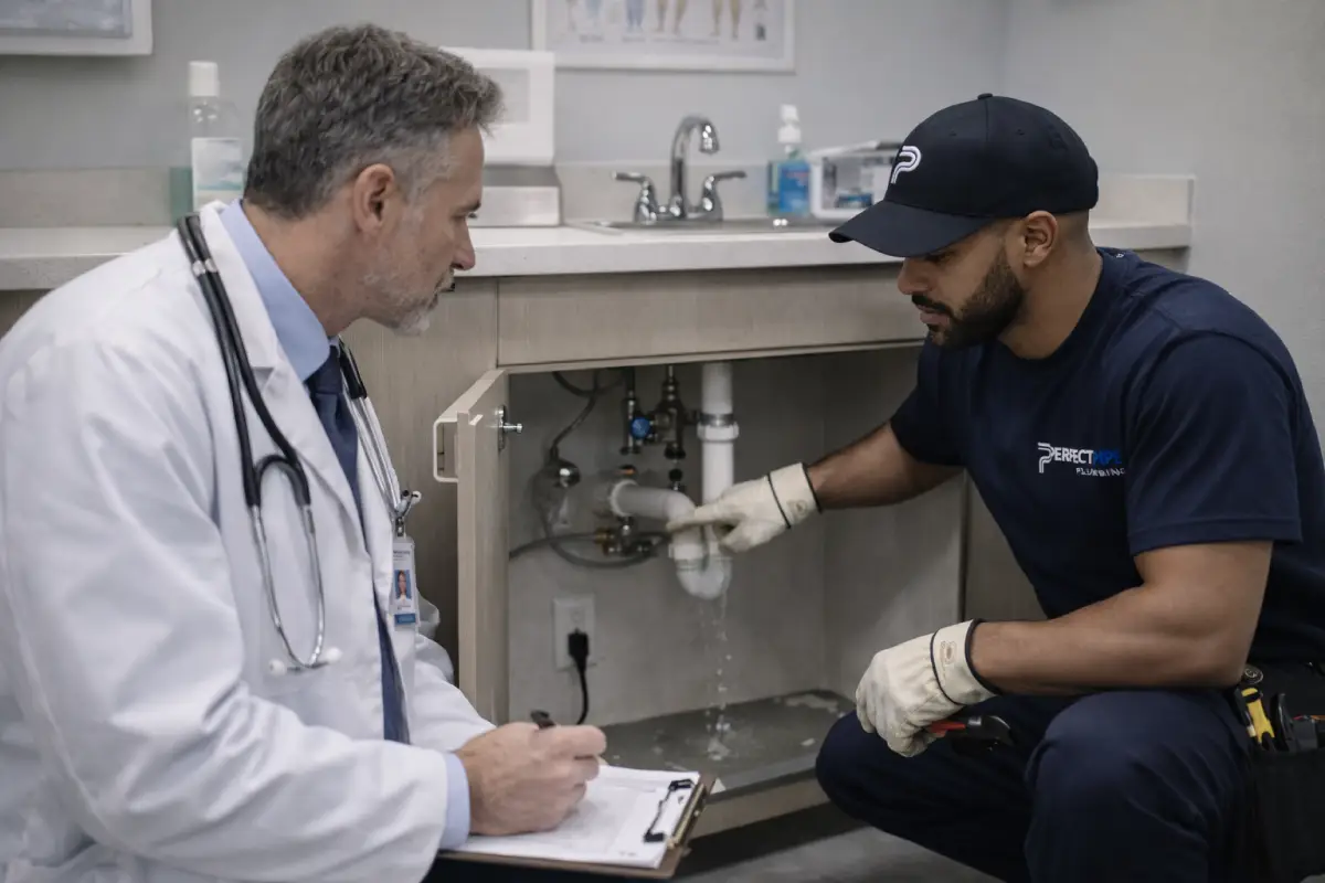 Plumber and doctor inspecting a leaking sink pipe in a healthcare clinic