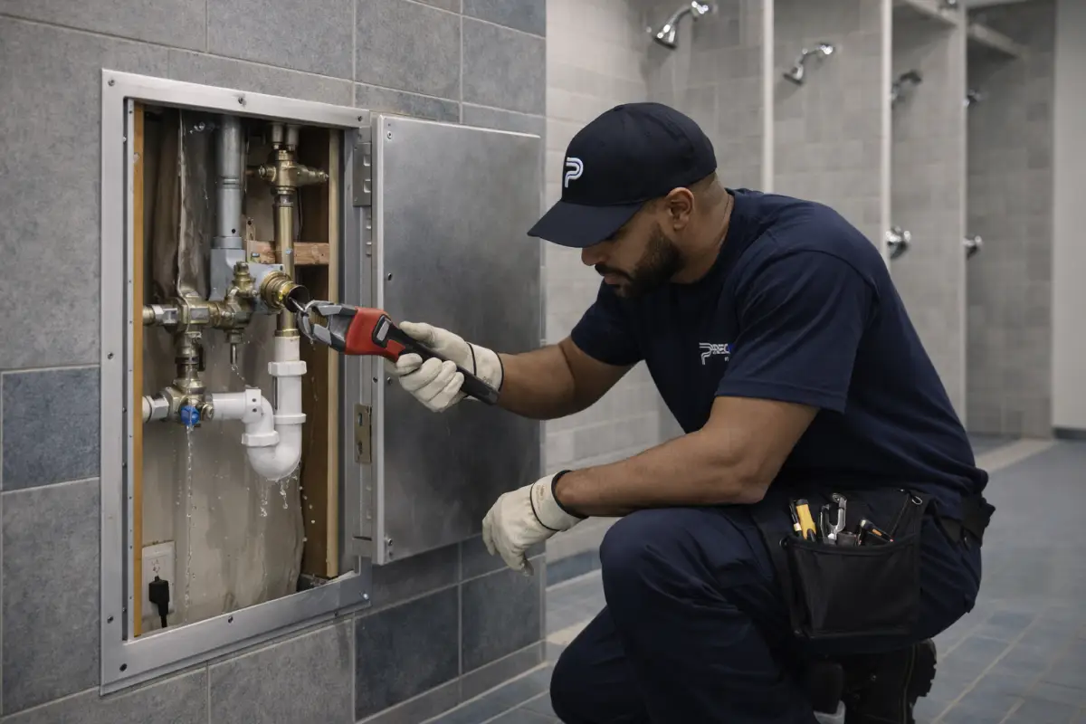 Commercial plumber repairing exposed pipes in a university locker room shower area