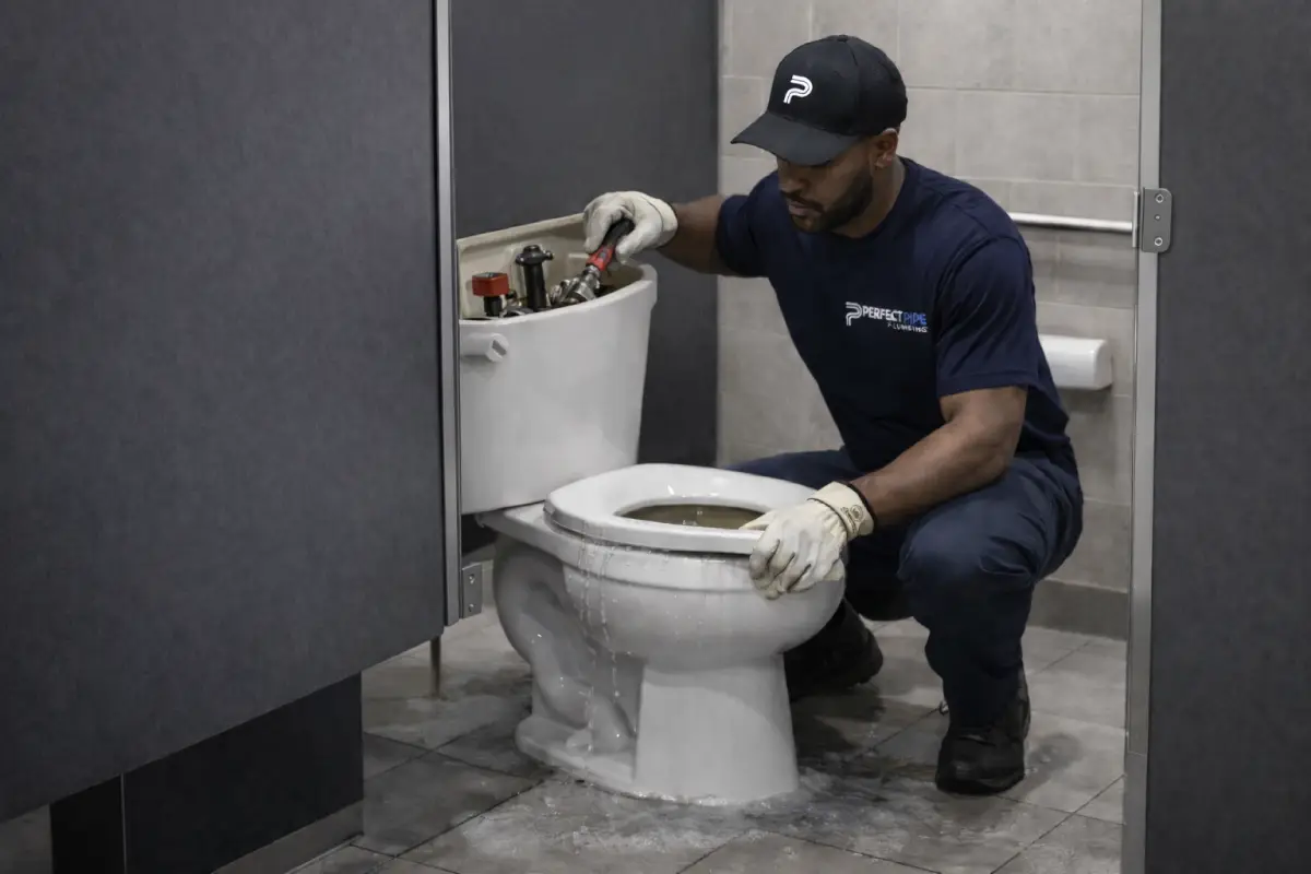 Commercial plumber repairing a toilet in a public restroom for a retail or office space