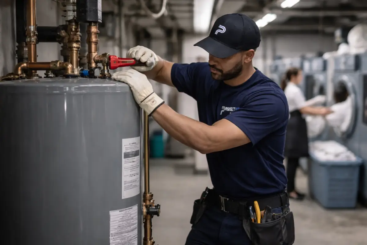 Commercial plumber servicing a large water heater system in a hotel maintenance area