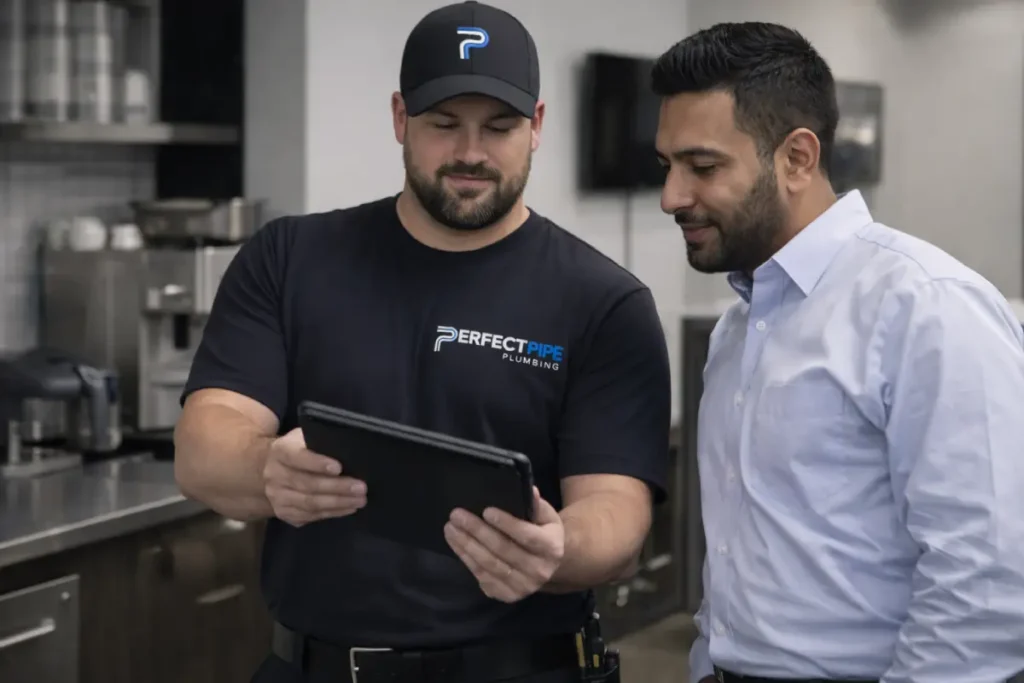 Perfect Pipe Plumbing technician reviewing a water heater care and annual maintenance plan on a tablet with a homeowner
