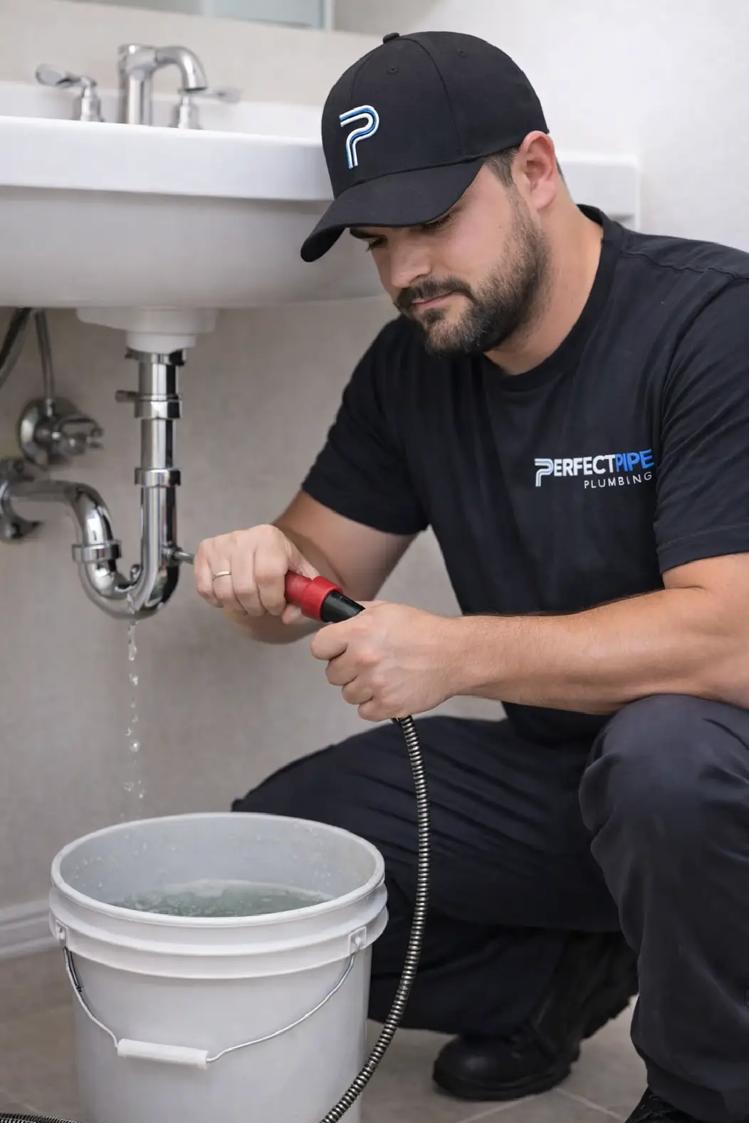 Drain cleaning plumber using a hand auger under a bathroom sink with bucket catching water