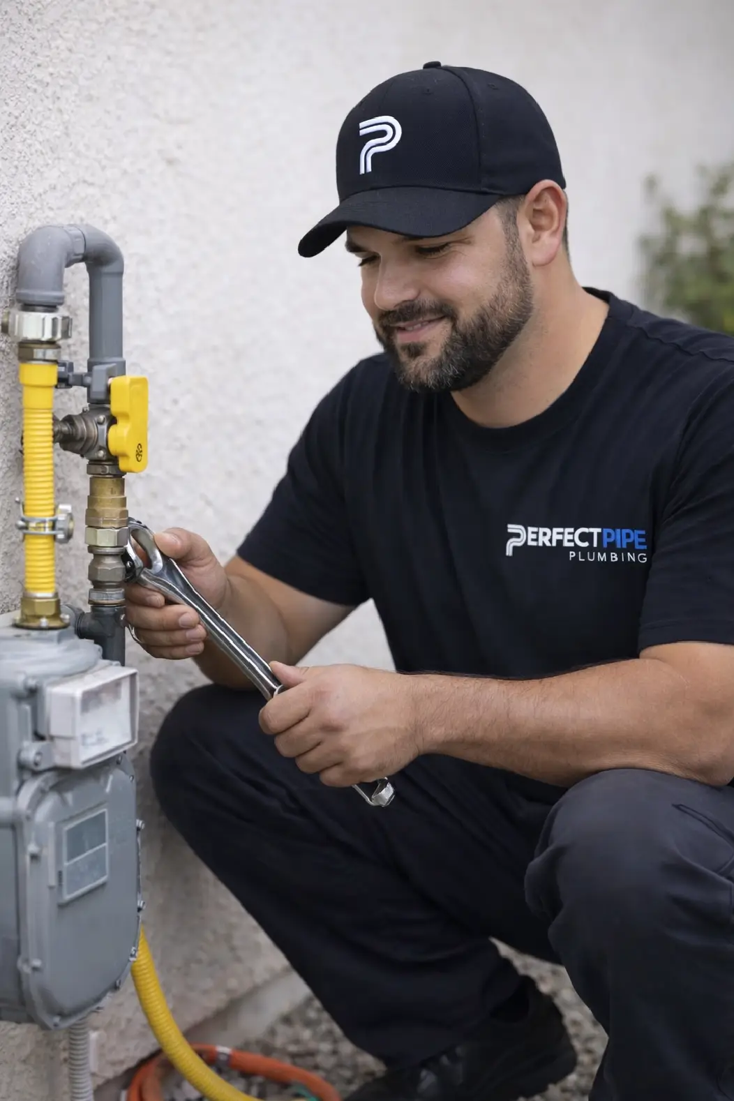 Plumber performing a residential gas line repair service