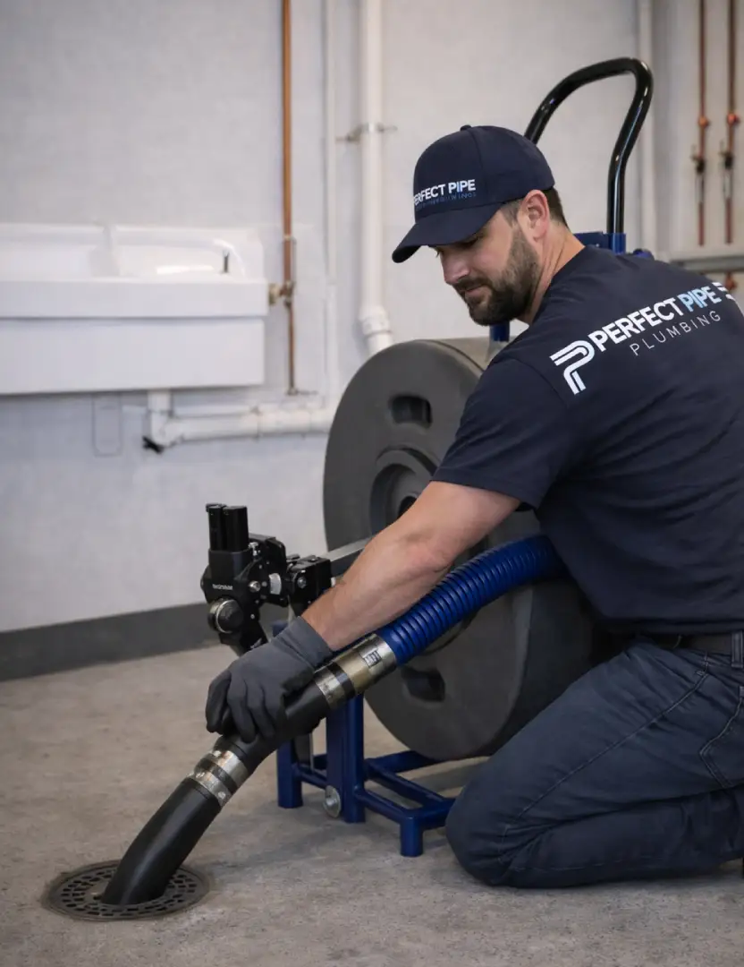 Professional plumber using advanced drain cleaning equipment in a clean unfinished basement