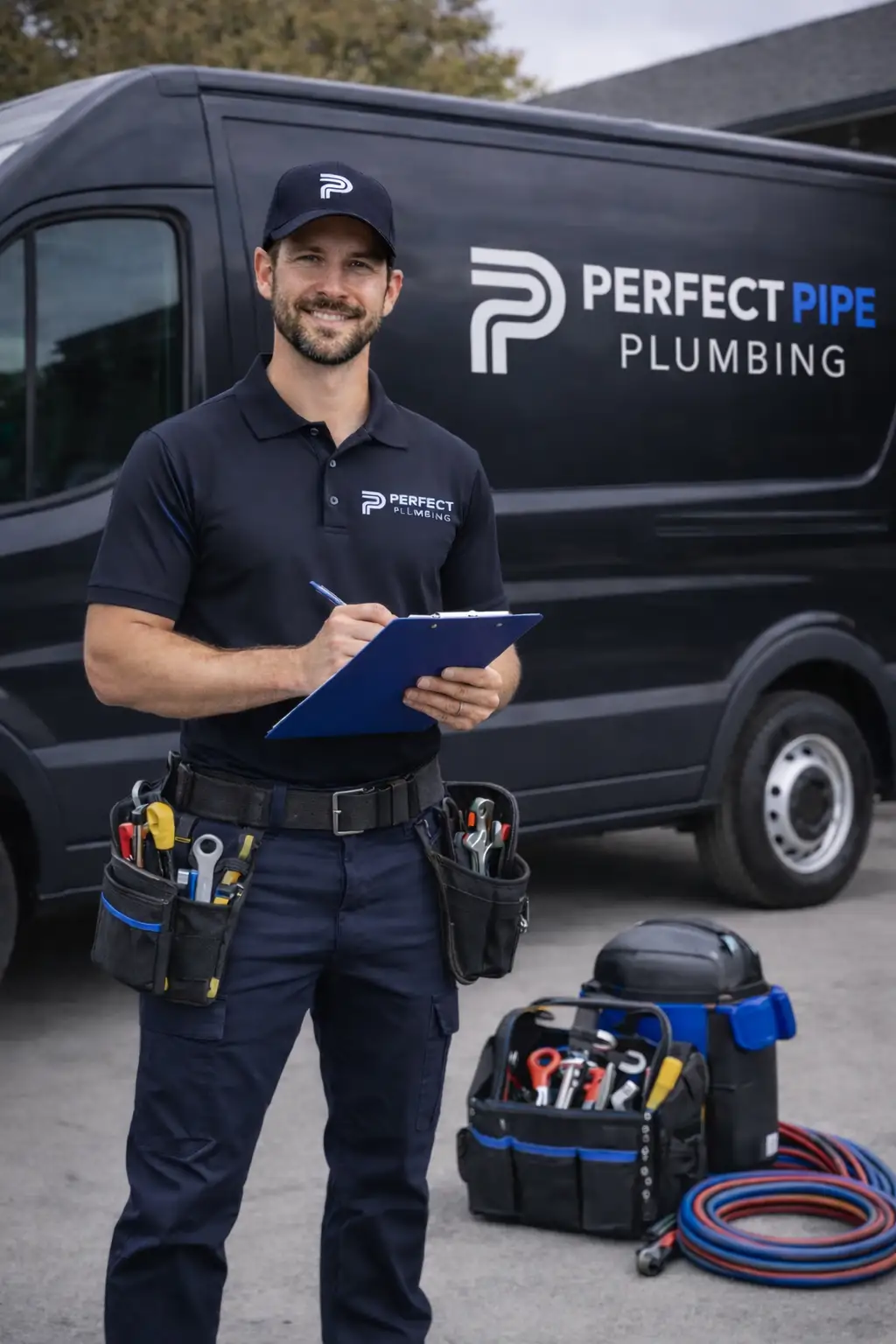 Professional plumber from Perfect Pipe Plumbing standing with clipboard in front of branded service truck and tools