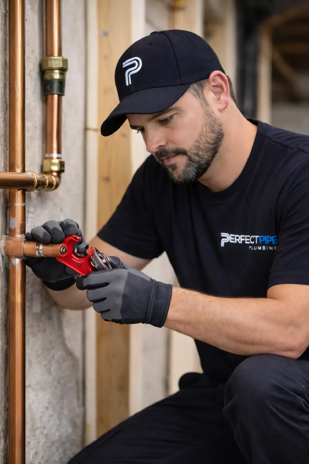 Plumber cutting and repairing copper pipe using pipe cutter in residential plumbing system