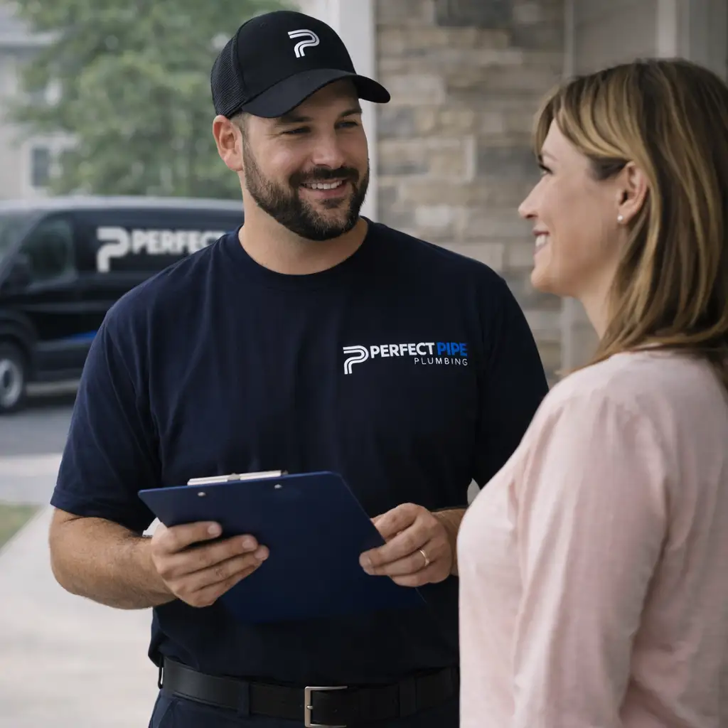 Perfect Pipe Plumbing technician reviewing service details with a homeowner on a front porch