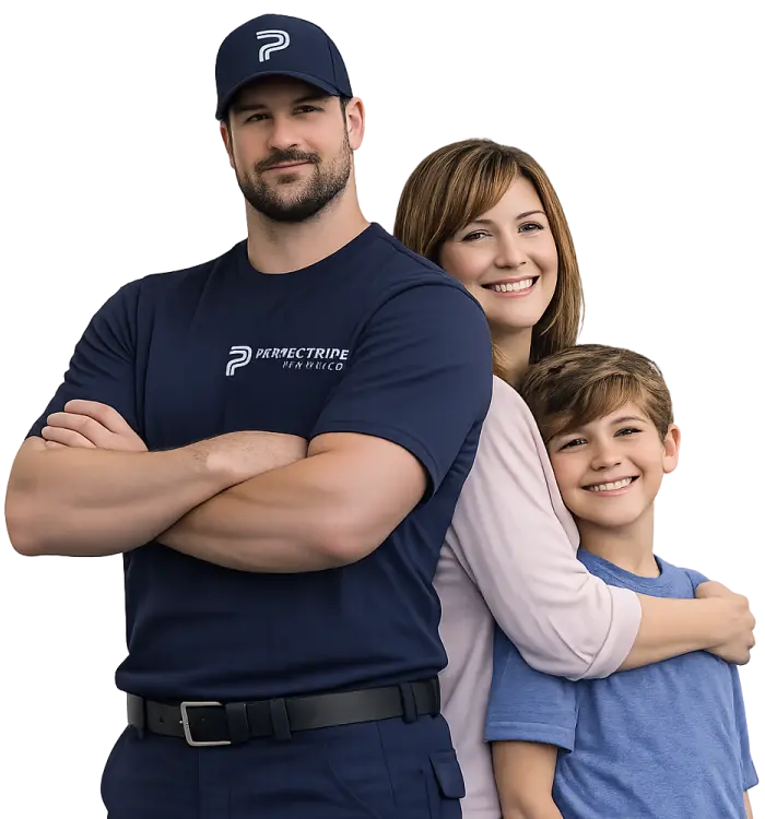 Plumber with homeowner and child showing family plumbing protection plan