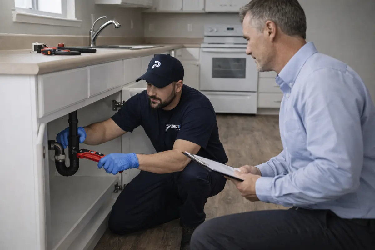 Plumber performing under-sink plumbing repair in a rental property