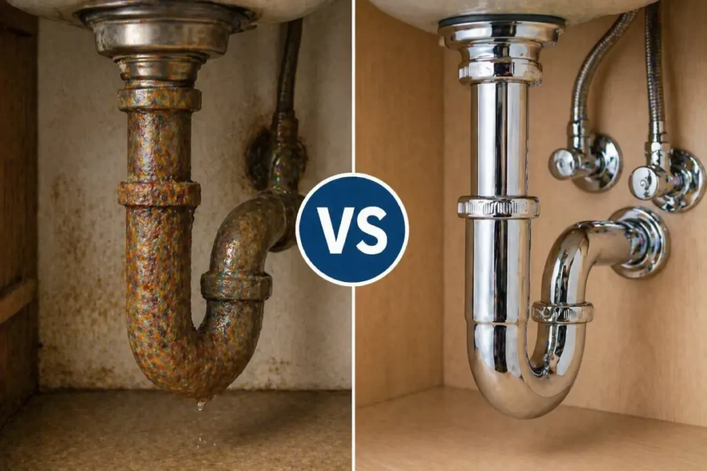 Comparison of old corroded pipe versus new plumbing pipe showing repair versus replacement decision