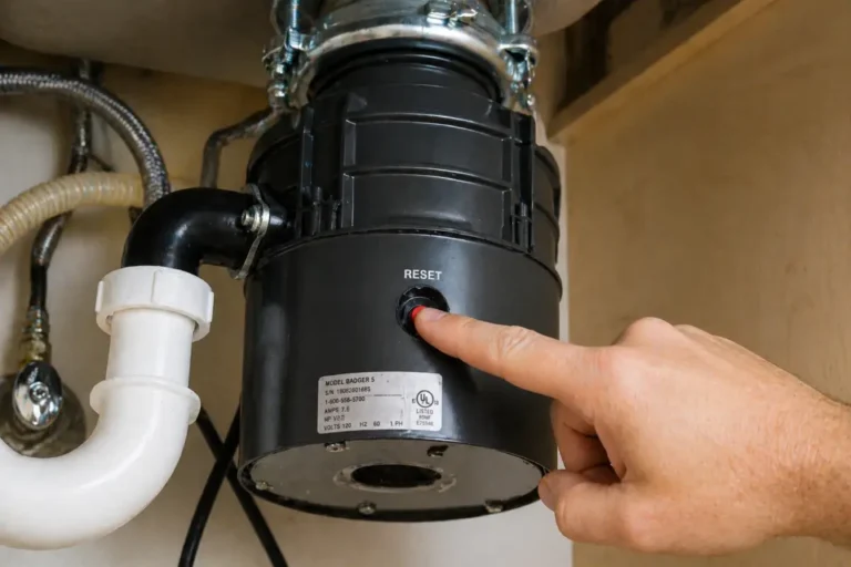 Hand pressing the reset button on a garbage disposal under a kitchen sink