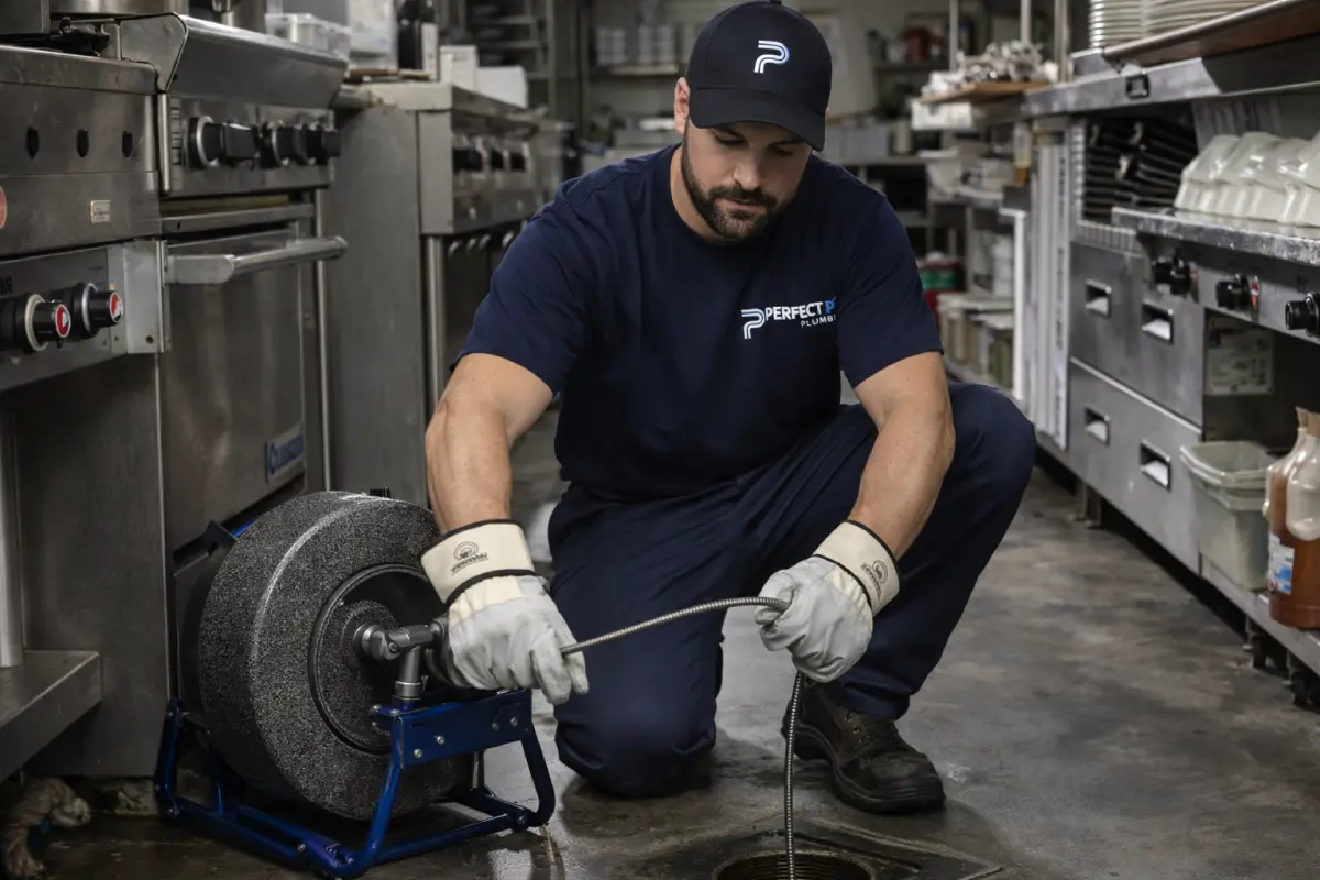 Commercial plumber clearing a floor drain in a commercial kitchen