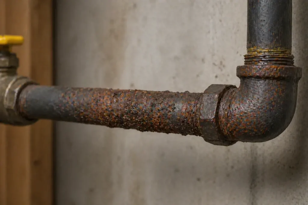 Close-up of a rusted gas pipe showing corrosion and surface damage