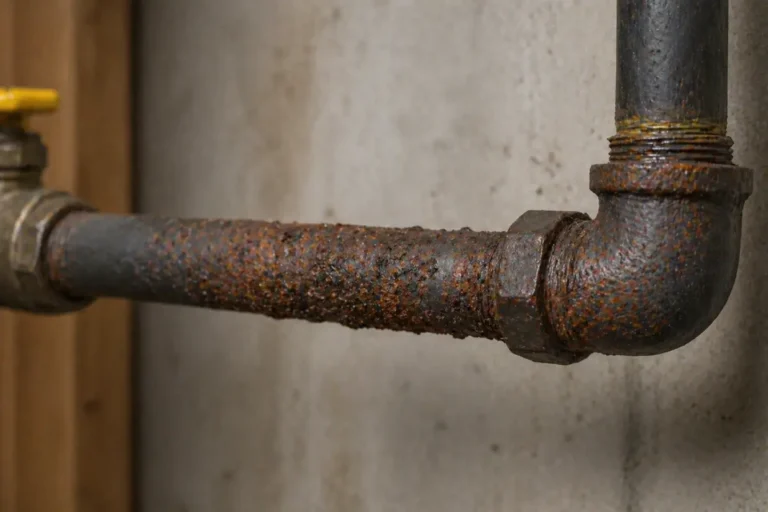 Close-up of a rusted gas pipe showing corrosion and surface damage