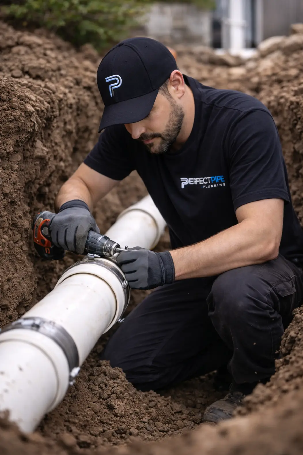 Plumber replacing damaged sewer line pipe connecting new PVC pipe to old cast iron pipe in trench