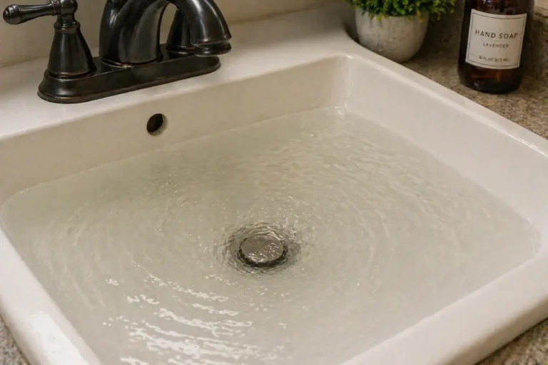 Water pooling in a bathroom sink due to a slow draining pipe