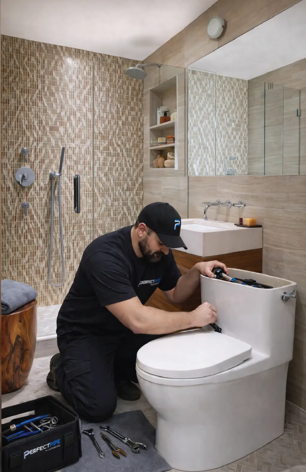 Plumber carefully installing a toilet in a residential bathroom