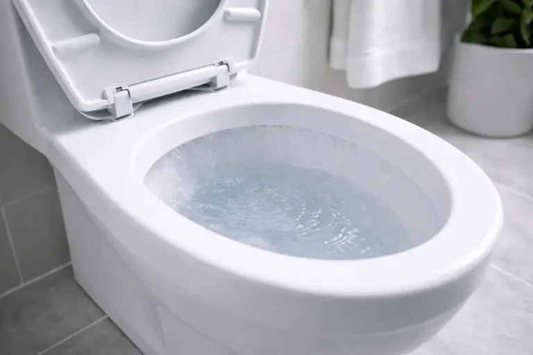 Open toilet with subtle water movement in the bowl indicating a running toilet issue