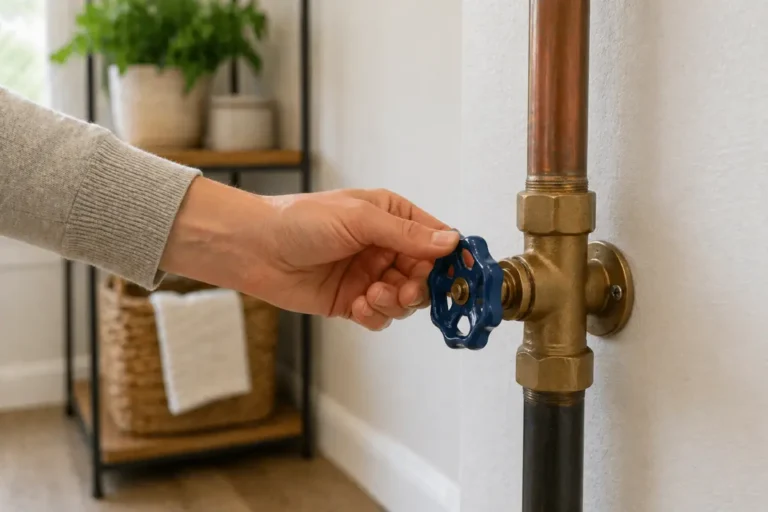 Hand turning a main water shutoff valve on a residential plumbing pipe