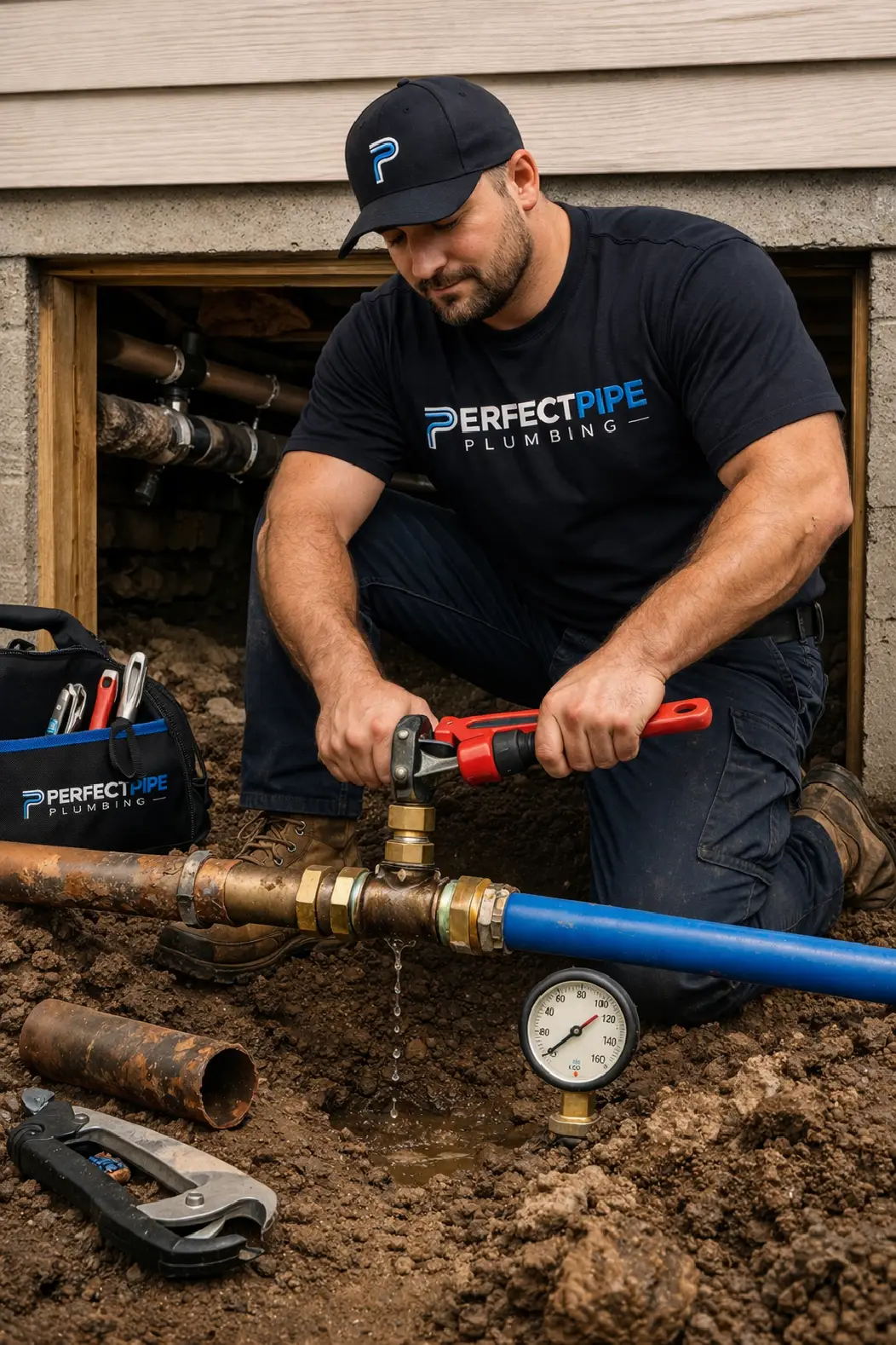 Water line repair in crawlspace by Perfect Pipe plumber