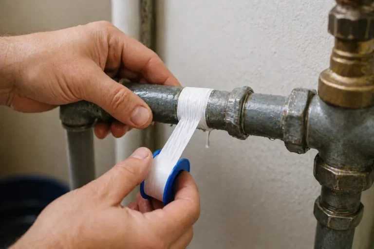 Hand wrapping plumber’s tape around a leaking pipe joint to temporarily stop a leak