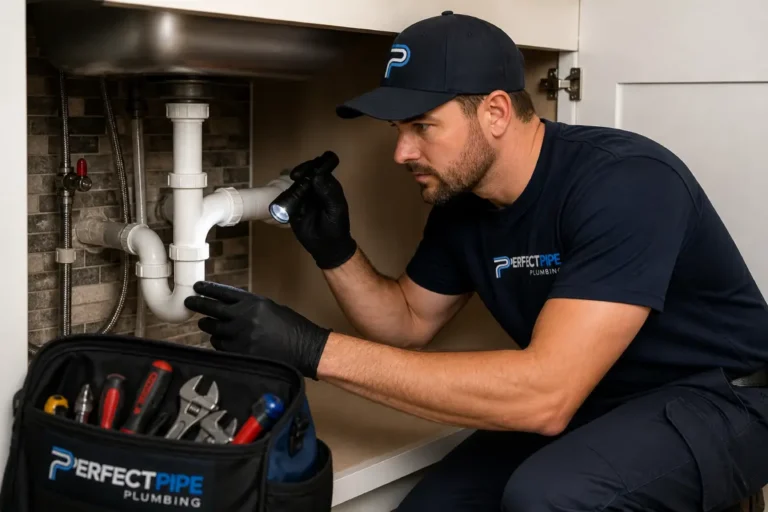 Professional plumber in uniform inspecting pipes under a kitchen sink with a flashlight