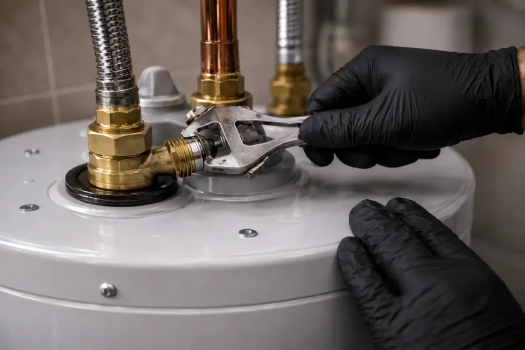 Close-up of plumber tightening a water heater pipe connection with black gloves and adjustable wrench