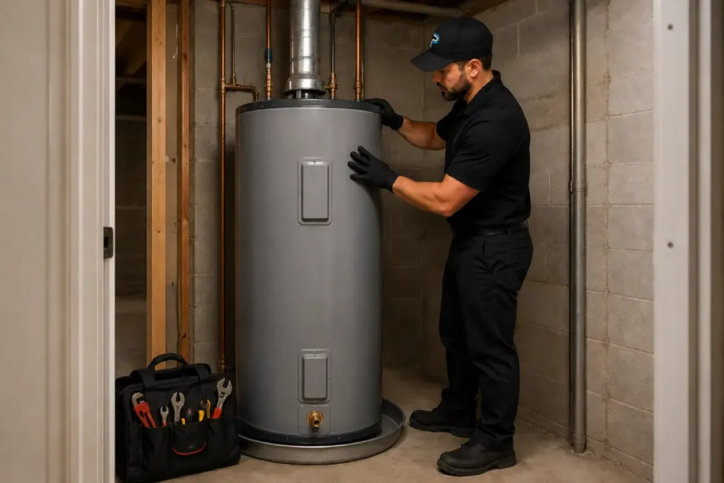 Perfect Pipe plumber installing a new residential water heater in a basement utility room