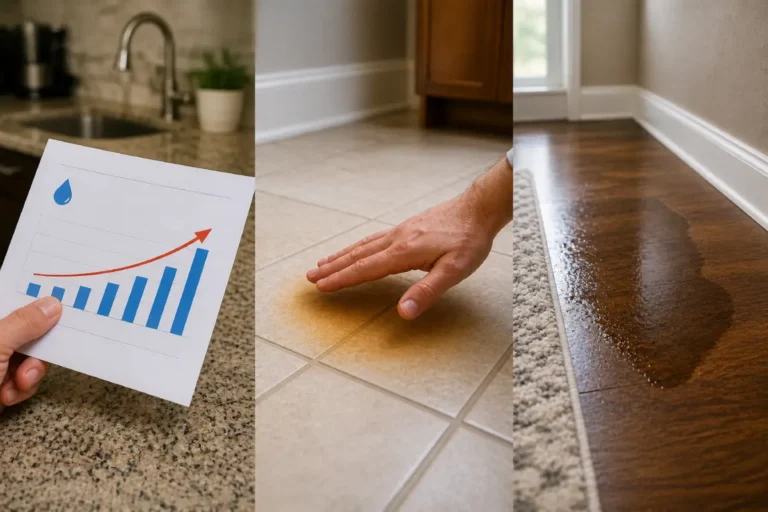 Examples of slab leak warning signs including rising water bill, warm floor spots, and damp flooring