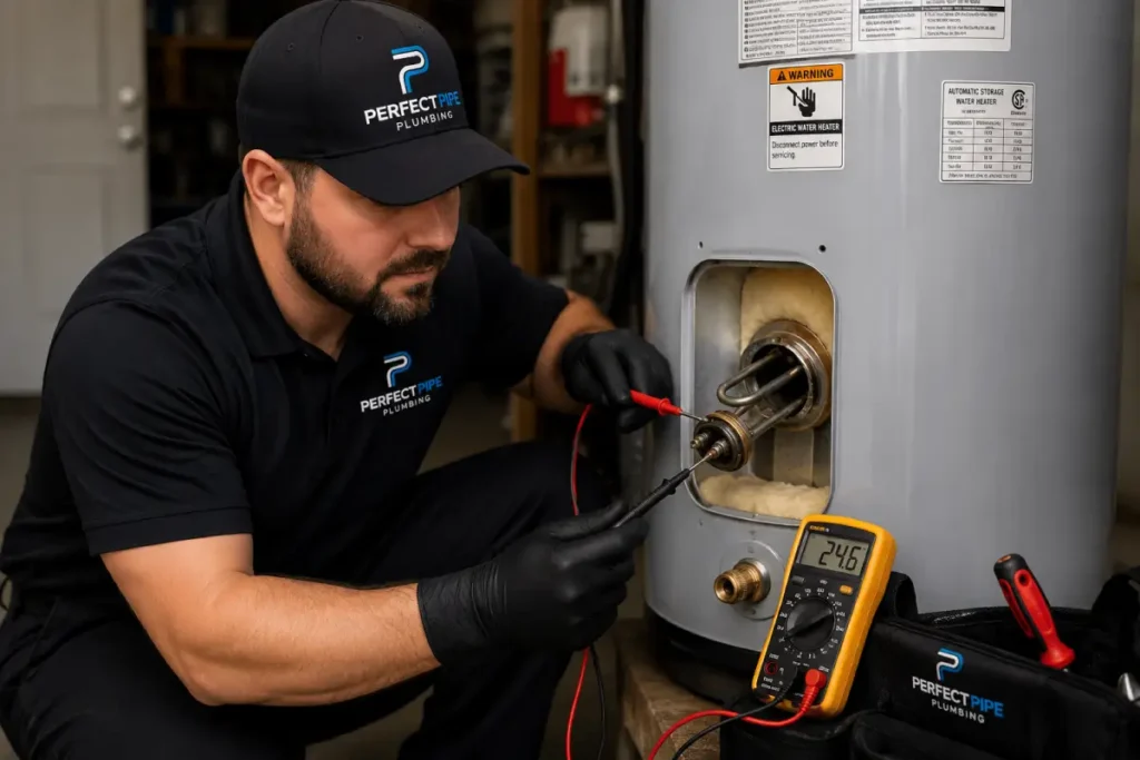 Perfect Pipe plumber testing a residential water heater heating element with a multimeter