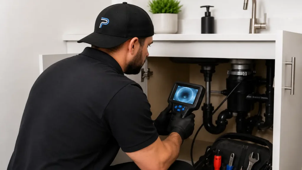 Plumber performing fast plumbing diagnosis under kitchen sink using inspection camera