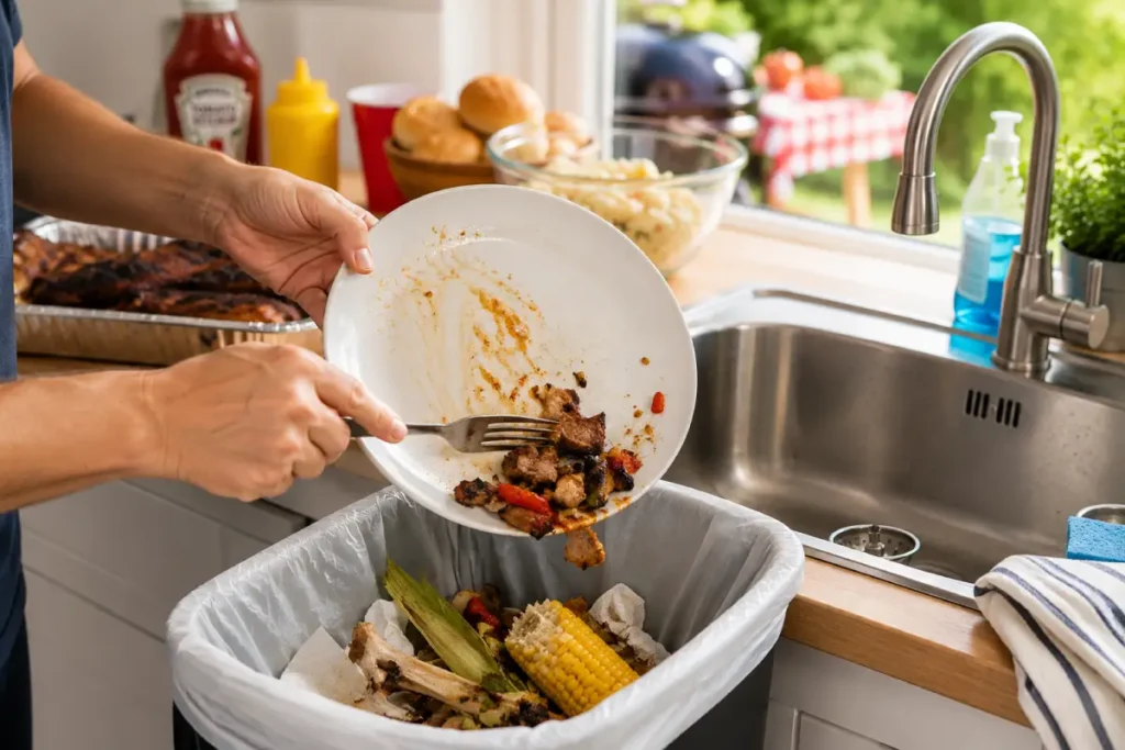 Food scraps being scraped from a plate into the trash instead of a kitchen drain after a summer cookout