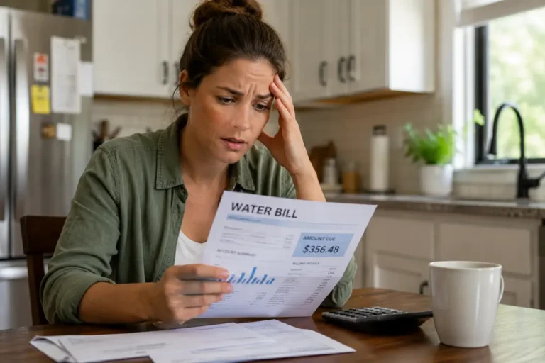 Homeowner looking at an unexpectedly high water bill at a kitchen table