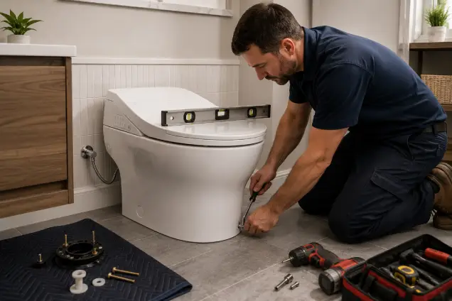 Local professional plumber installs a modern bidet toilet