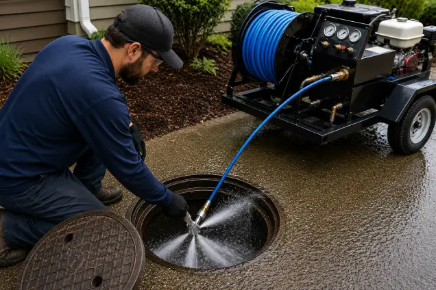 Plumber performing hydro jetting service through a drain cleanout using high pressure water equipment