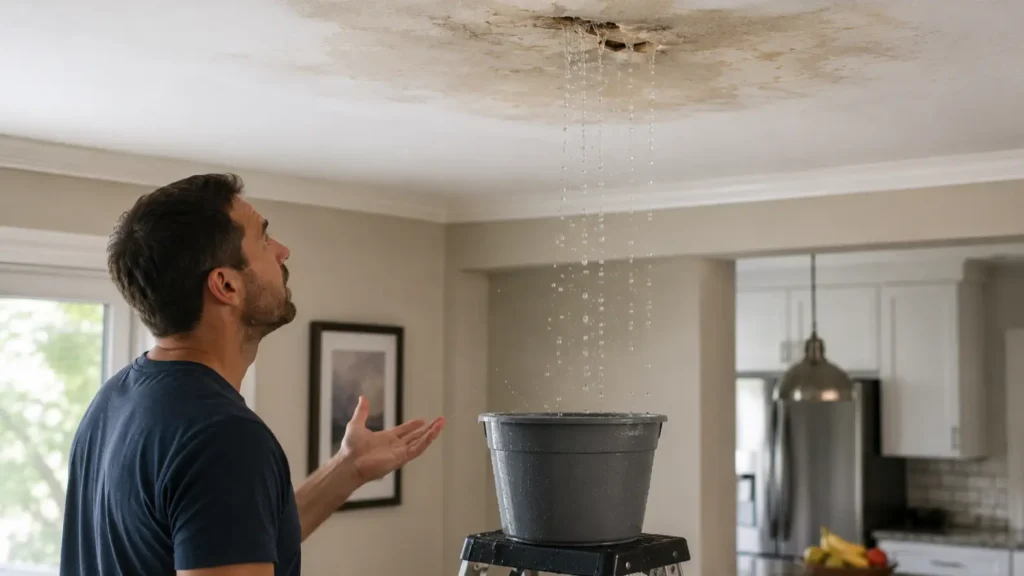 Homeowner looking at severe ceiling water leak with bucket on step ladder catching water from damaged ceiling