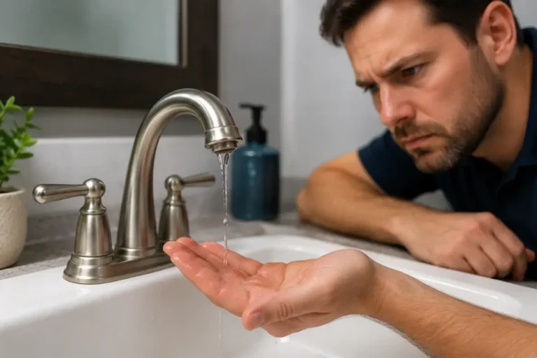 Homeowner testing weak water flow from a bathroom faucet due to low water pressure