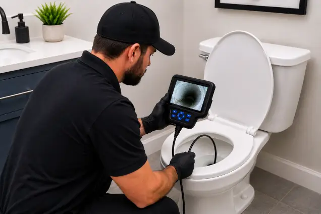 Plumber diagnosing a toilet problem using an inspection camera
