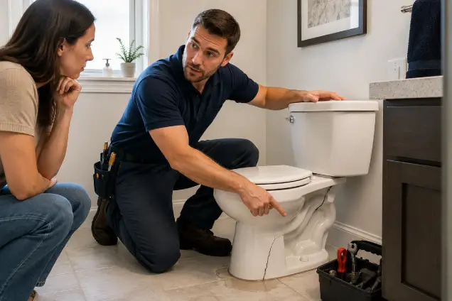 Plumber diagnosing a toilet problem using an inspection camera